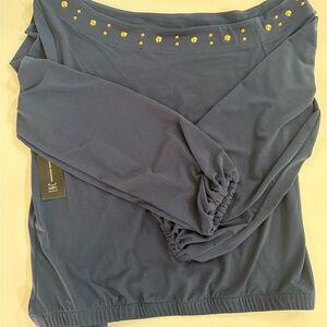 INC International Concepts Navy Long Sleeve Top with Gold Accents